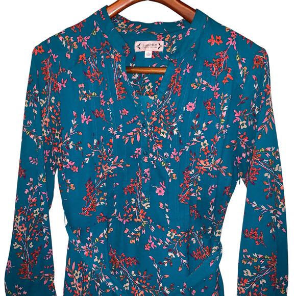 NANETTE by NANETTE LEPORE teal fit & flare midi L-sleeve floral dress - Picture 3 of 9